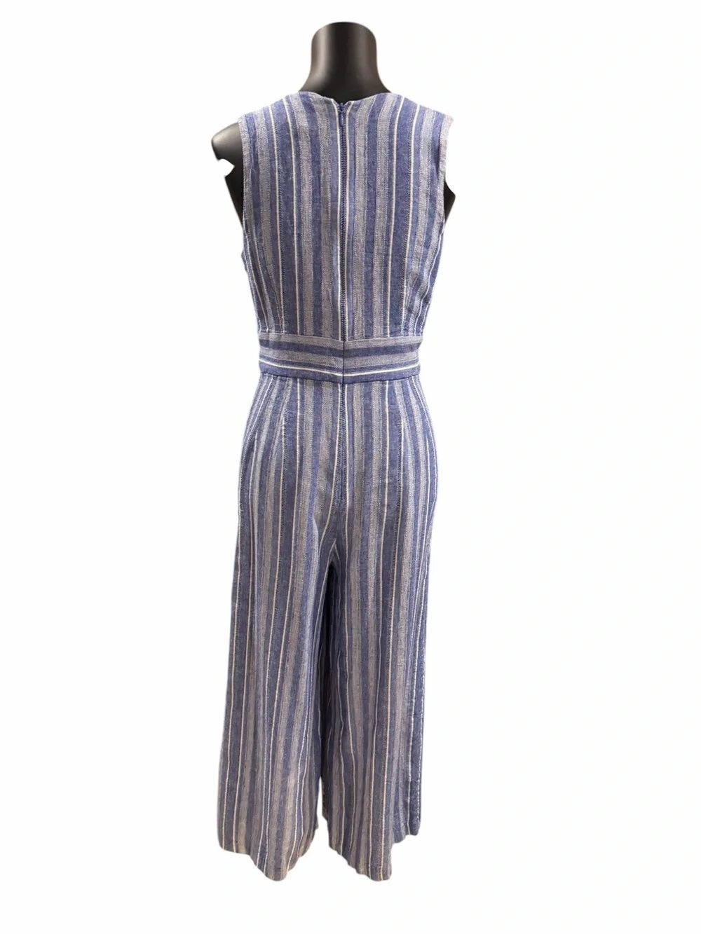 Classy Calvin Klein Linen Blend Belted Sleeveless Blue Stripe Jumpsuit Size 4